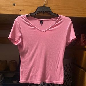 SHEIN V Neck Rib Knit Solid Tee Pink M